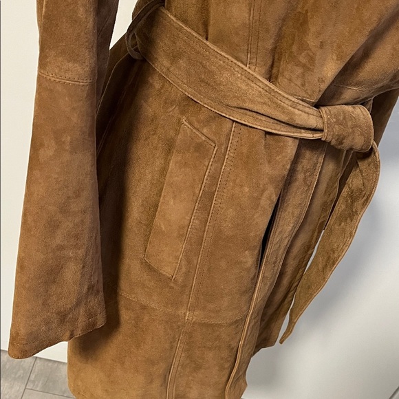 SUEDE Michael Kors Dark Tan Brown Trench Coat Belted Fully Lined, Size M - Picture 6 of 15